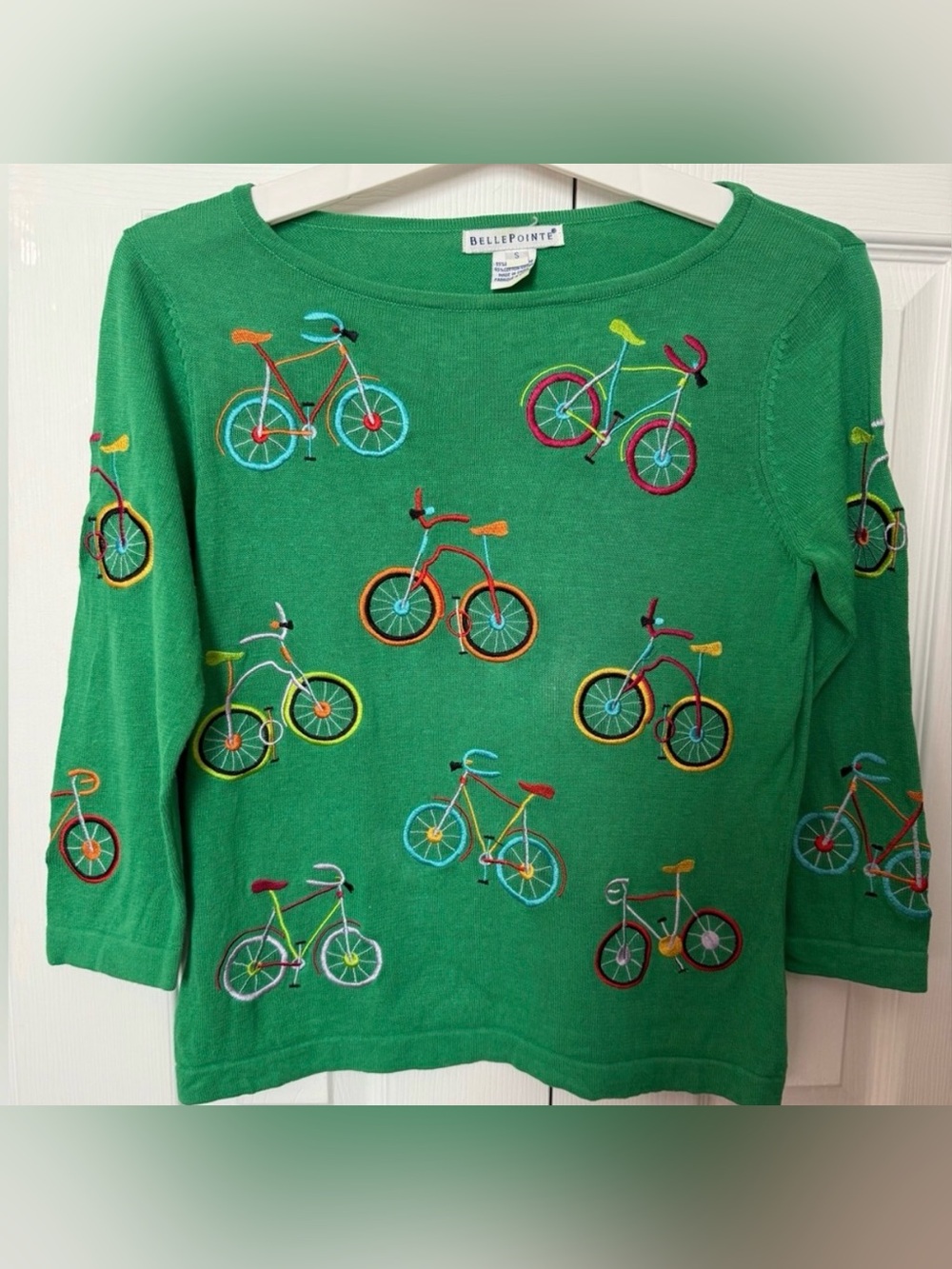 VTG Embroidered Bicycle Sweater Size S BellePointe Green